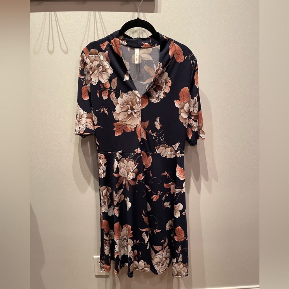 Navy and pink flower print dress